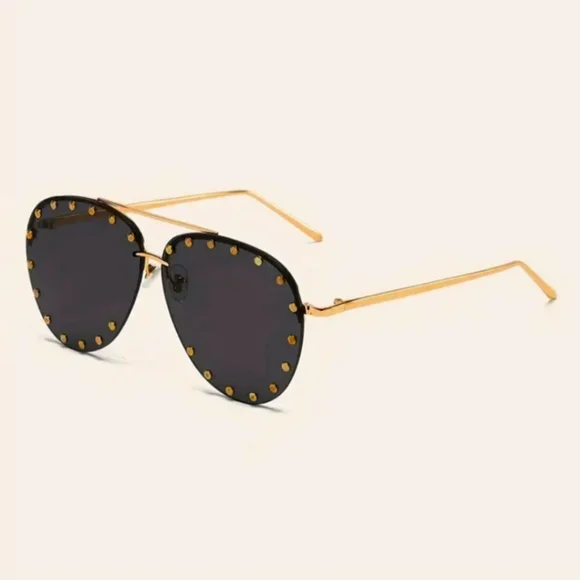 Black & Gold Studded Aviator Unisex Sunglasses - Picture 4 of 5